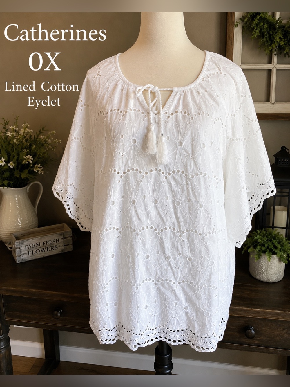 Catherines 0X White Eyelet Embroidered Cotton Blouse Lined Boho Tassel Tie